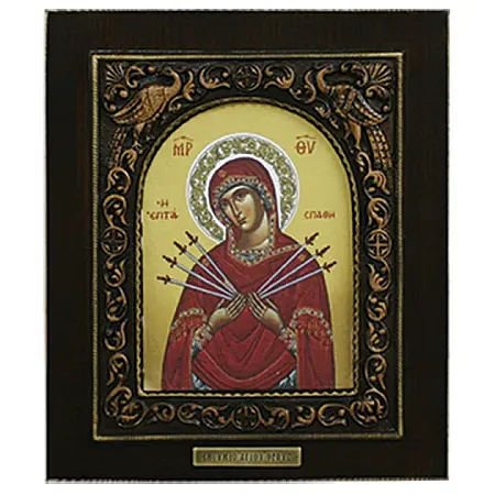 ΞΥΛΙΝΗ ΑΝΑΓΛΥΦΗ ΕΙΚΟΝΑ ΠΑΝΑΓΙΑ ΕΠΤΑ ΣΠΑΘΙΑ ΣΕ ΚΟΥΤΙ - 24x28cm
