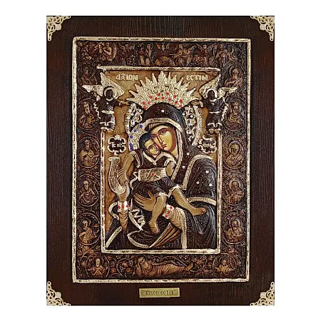 ΞΥΛΙΝΗ ΕΙΚΟΝΑ -ΑΞΙΟΝ ΕΣΤΙ- ΑΝΑΓΛΥΦΗ ΜΕ ΦΥΛΛΑ ΧΡΥΣΟΥ & ΠΕΤΡΕΣ ΖΙΡΓΚΟΝ - 27.5x35cm