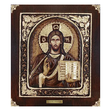 ΞΥΛΙΝΗ ΕΙΚΟΝΑ -ΧΡΙΣΤΟΣ ΕΥΛΟΓΩΝ (ΜΕ ΠΛΑΙΣΙΟ)- ΑΝΑΓΛΥΦΗ ΜΕ ΦΥΛΛΑ ΧΡΥΣΟΥ - 32x36.5cm